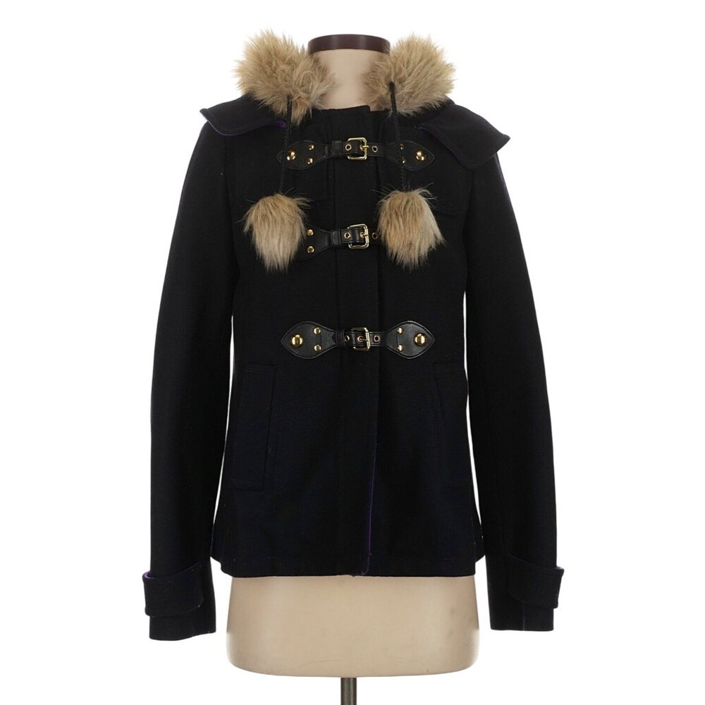 VTG Juicy Couture Black Wool Blend Faux Fur Trim Hooded Toggle Coat| Y2K Mobwife - Picture 2 of 16